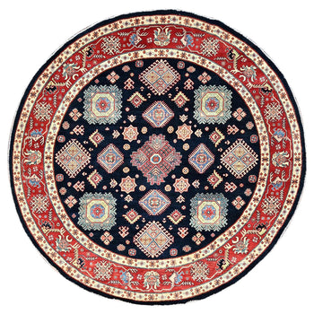 9'X9' Blue Special Kazak Geometric Wool Hand Knotted Round Oriental Rug