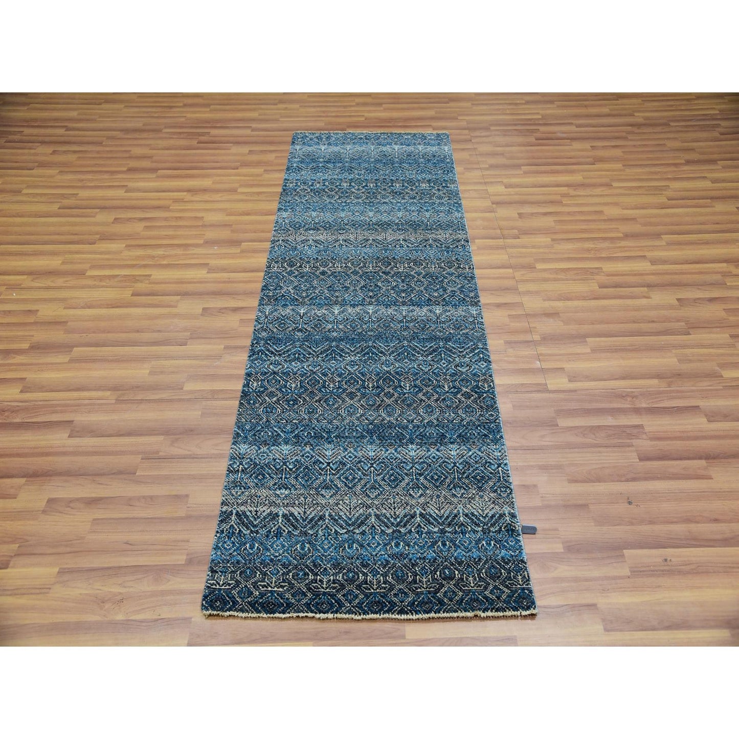2'8"X8'1" Blue Hand Knotted Kohinoor Repetitive Diamond Wool Runner Rug