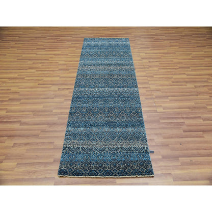 2'8"X8'1" Blue Hand Knotted Kohinoor Repetitive Diamond Wool Runner Rug
