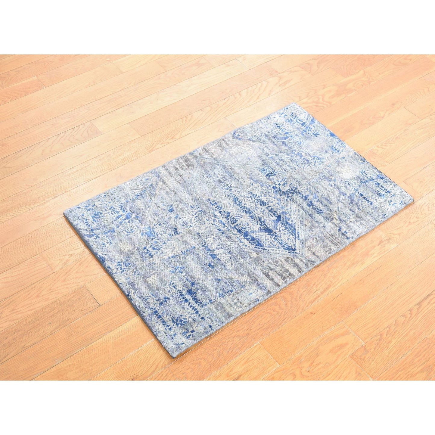 2'X3'1" Blue Erased Rossets Silk With Wool Hand Knotted Sample Rug