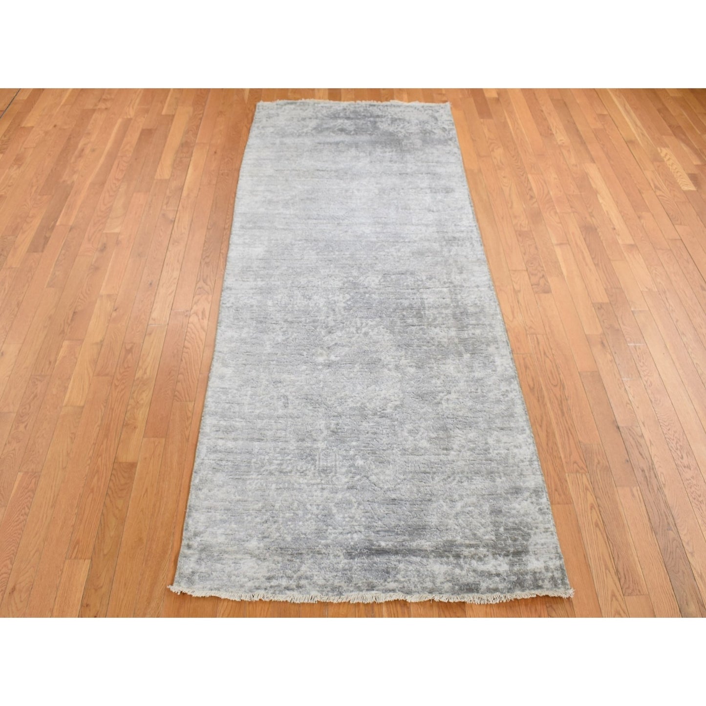 4'X9'8" Gray Erased Zoroastrian Design Runner Wool-Silk Hand Knotted Rug