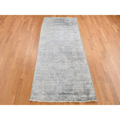 4'X9'8" Gray Erased Zoroastrian Design Runner Wool-Silk Hand Knotted Rug