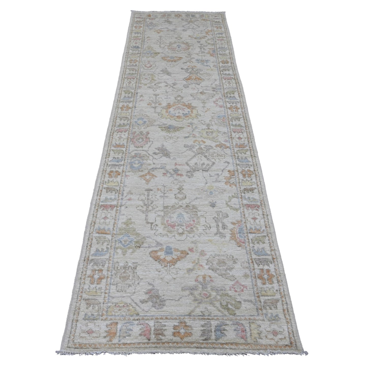 2'10"X10' Gray Hand Knotted Angora Oushak Leaf Design All Wool Runner Rug