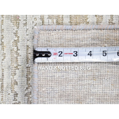 2'X3' Beige Silk With Textured Wool Modern Design Hand Knotted Mat Rug