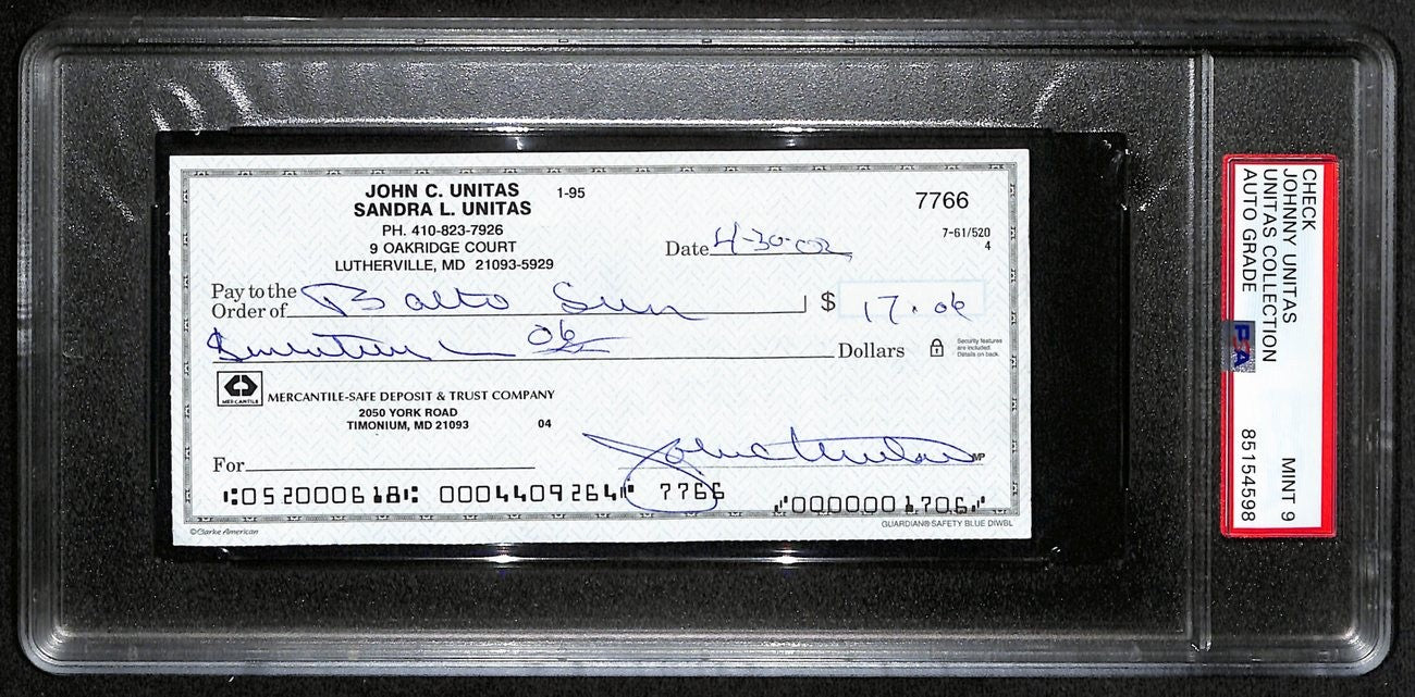 Johnny Unitas Signed 4/30/02 Check Psa/Dna Mint 9 188679