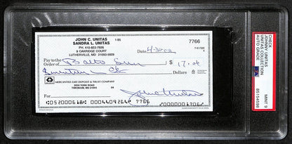 Johnny Unitas Signed 4/30/02 Check Psa/Dna Mint 9 188679
