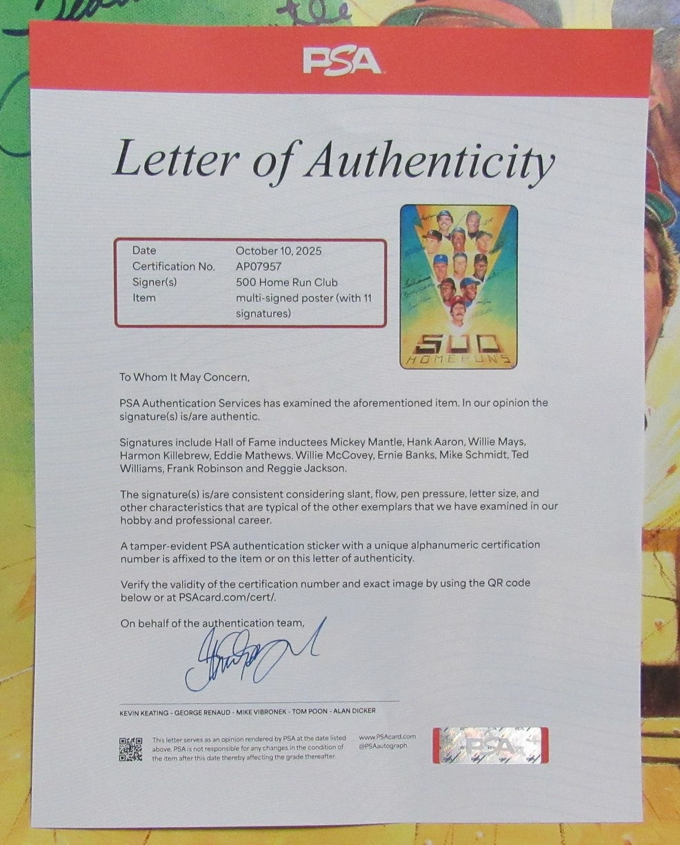 500 Home Run Club Signed By 11 Poster Mantle Williams Mays + Psa/Dna 201597