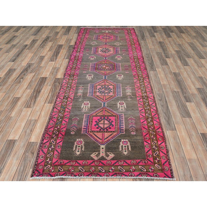 3'7"X10'1" Brown Vintage Farsian Heris Hand Knotted Pure Wool Runner Rug