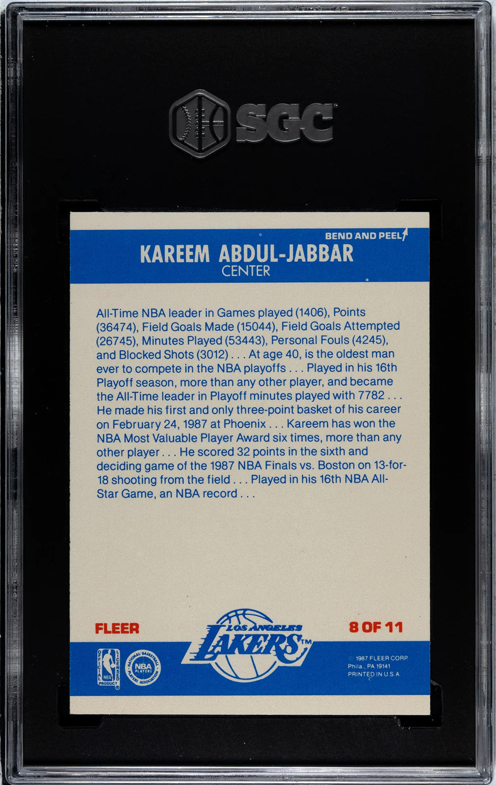 Kareem Abdul-Jabbar 1987 Fleer Sticker #8 Sgc 7.5