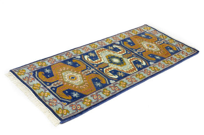 Navy Blue Geometric Tribal Kazak Rug Wool