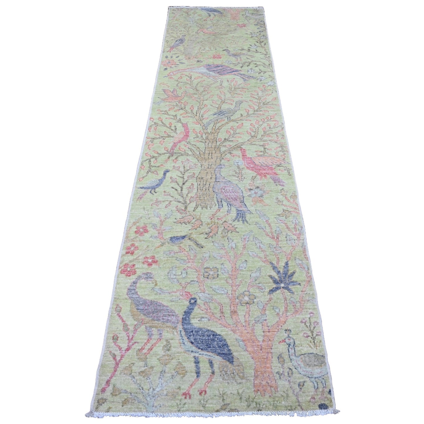 2'5"X9'9" Green Afghan Peshawar Birds Design Hand Knotted Wool Runner Rug