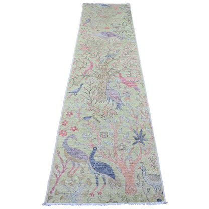 2'5"X9'9" Green Afghan Peshawar Birds Design Hand Knotted Wool Runner Rug