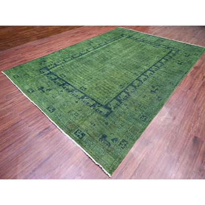 9'9"X13'8" Green Overdyed Peshawar Pazyryk Design Wool Hand Knotted Rug