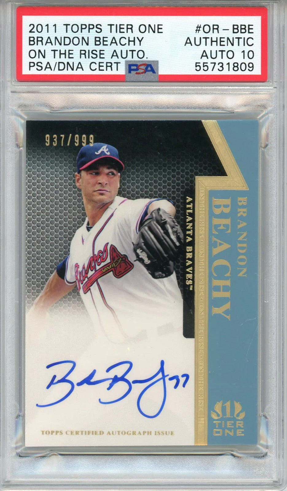 Brandon Beachy Autographed 2011 Topps Tier One On The Rise Card #Or-Bbe (Psa 10)