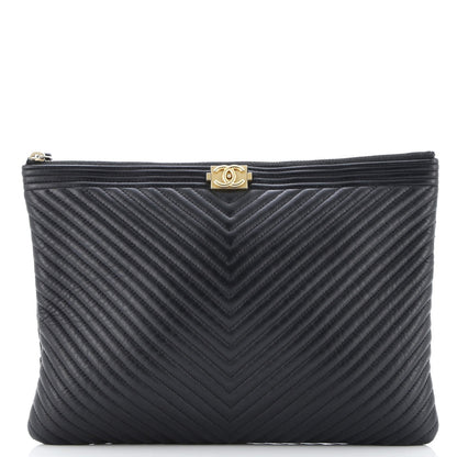 Chanel Boy O Case Clutch Chevron Calfskin Medium