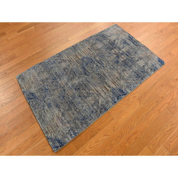 3'X5' Blue Erased Rosette Design Silk With Wool Hand Knotted Rug