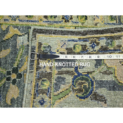 2'1"X3'6" Green Erased Zoroastrian Design Hand Knotted Pure Wool Mat Rug