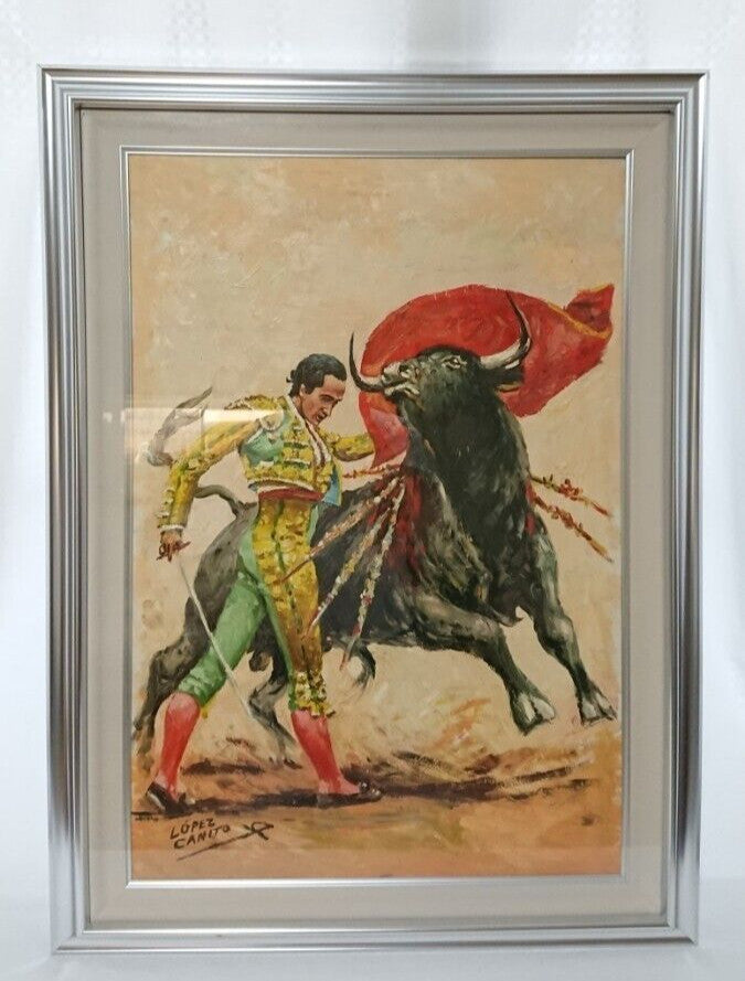 Original lopez canito Oil Painting on Canvas " MULETA " Signed Framed