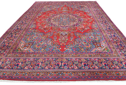 Vintage Hand-Knotted Wool Oriental Rug 10X13 Red Floral Classic Design Carpet