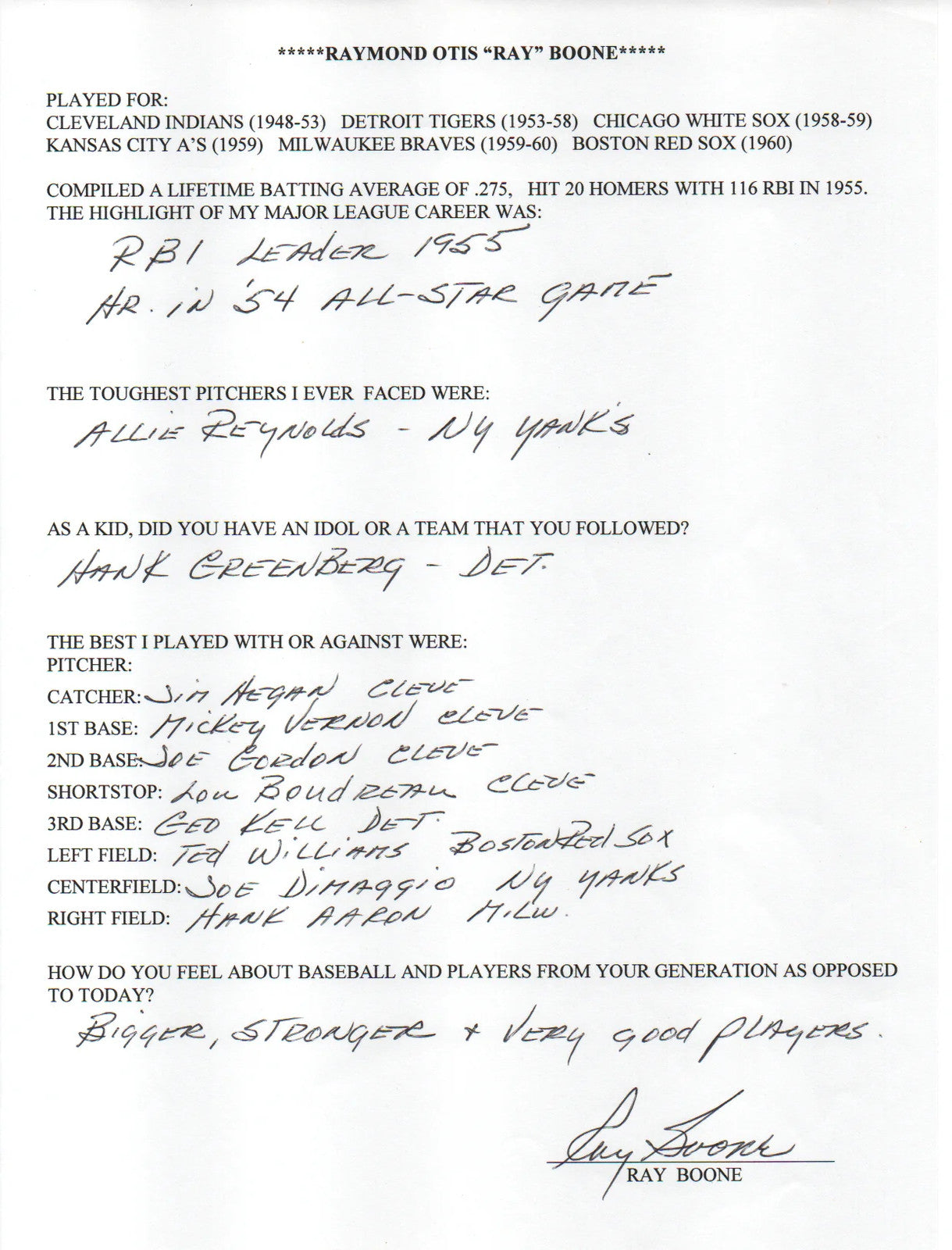 Ray Boone Autographed Hand Filled Out Survey Page (Jsa)