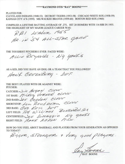 Ray Boone Autographed Hand Filled Out Survey Page (Jsa)