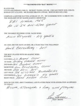 Ray Boone Autographed Hand Filled Out Survey Page (Jsa)