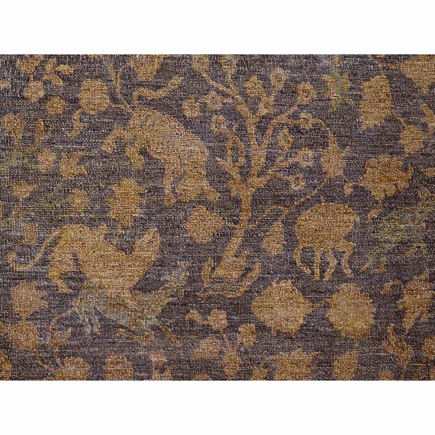 7'8"X10'1" Brown Overdyed Design Hunting Scene Pure Wool Hand Knotted Rug
