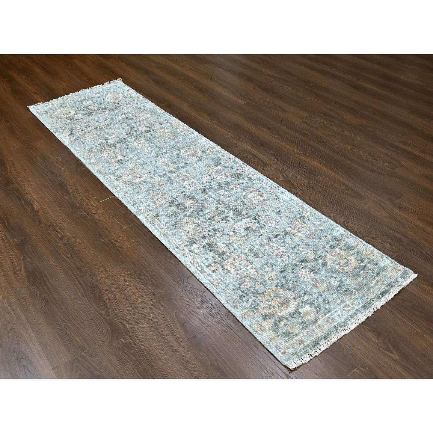 2'6"X8'10" Misty Gray Oushak Design Hand Knotted Soft Wool Runner Rug