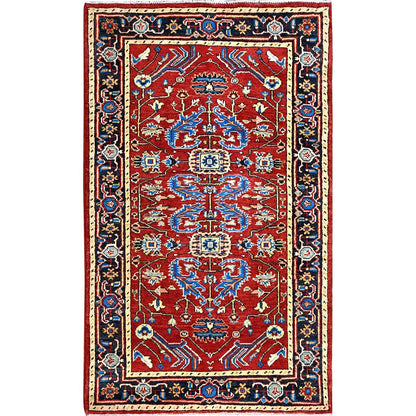 2'10"X4'7" Barn Red Seeripe Heris Design Soft Wool Hand Knotted Rug
