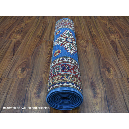 2'7"X8'7" Blue Super Kazak Tribal Design Hand Knotted Wool Runner Rug