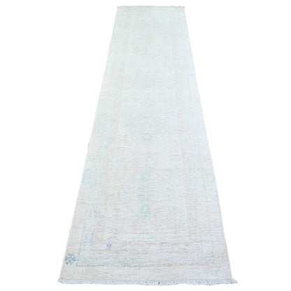 2'5"X8'5" Swan White Washed Out Peshawar Wool Hand Knotted Runner Rug