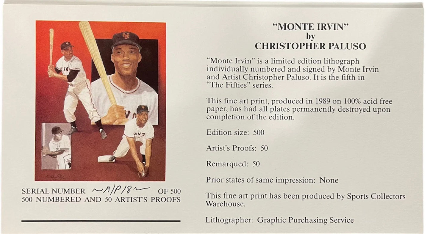 Monte Irvin & Christopher Paluso Signed18X24 Artist Proof Lithograph 18/50 (Jsa)