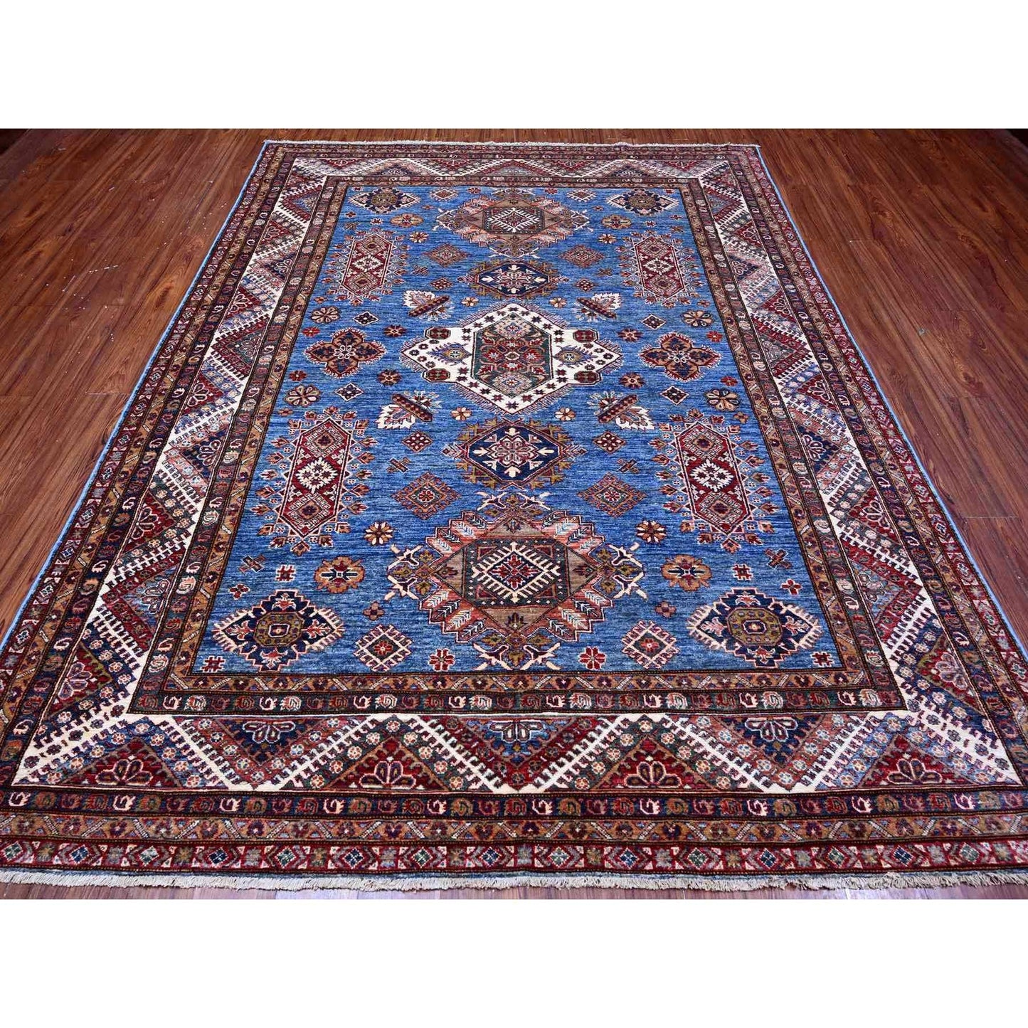 7'10"X10' Busty Blue Hand Knotted Wool Super Kazak Large Medallions Rug
