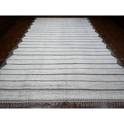 10'X14'5" Daisy White Hand Knotted Horizontal Line Pattern Moroccan Rug