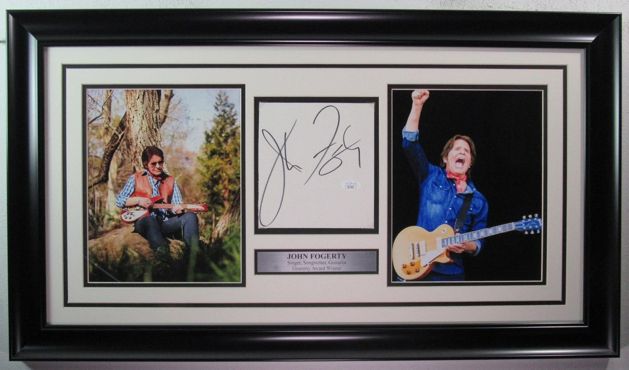 John Fogarty Singer Autographed Cut Card W/ Photo Collage Framed Jsa 198312