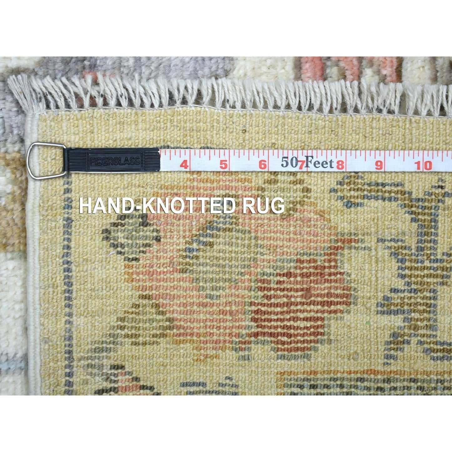 2'8"X11'8" Ivory Leaf Design Hand Knotted Angora Oushak Wool Runner Rug
