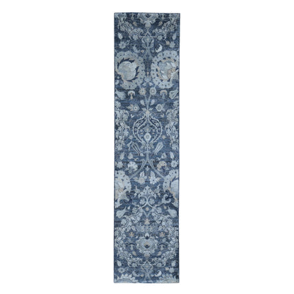 3'X12'2" Silk With Textured Wool Palmette Motif Hand Made Wide Runner Rug