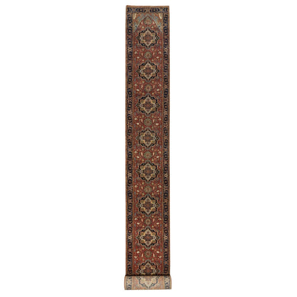 2'7"X28' Red Hand Knotted Antiqued Heri Re-Creation Wool Xl Runner Rug
