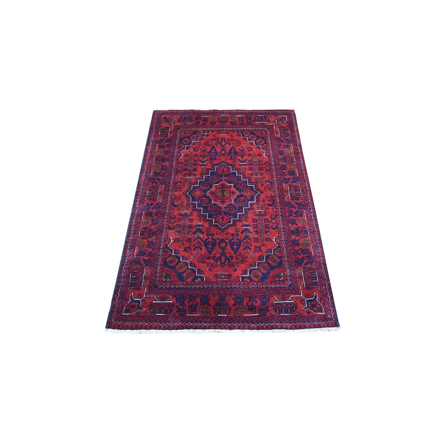 3'3"X4'10" Hand Knotted Afghan Khamyab Soft Wool Deep Red Rug