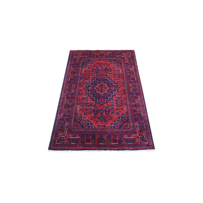 3'3"X4'10" Hand Knotted Afghan Khamyab Soft Wool Deep Red Rug