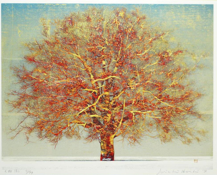 Joichi Hoshi Large Tree (Red) Woodblock print 1976 Edition signed ED99