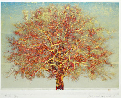 Joichi Hoshi Large Tree (Red) Woodblock print 1976 Edition signed ED99