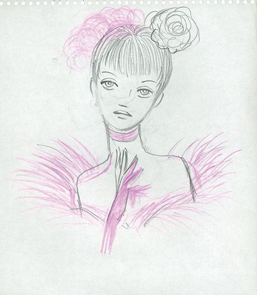 Original Rune Naito Pencil Drawing Woman in Purple Fur Fashion Illustration