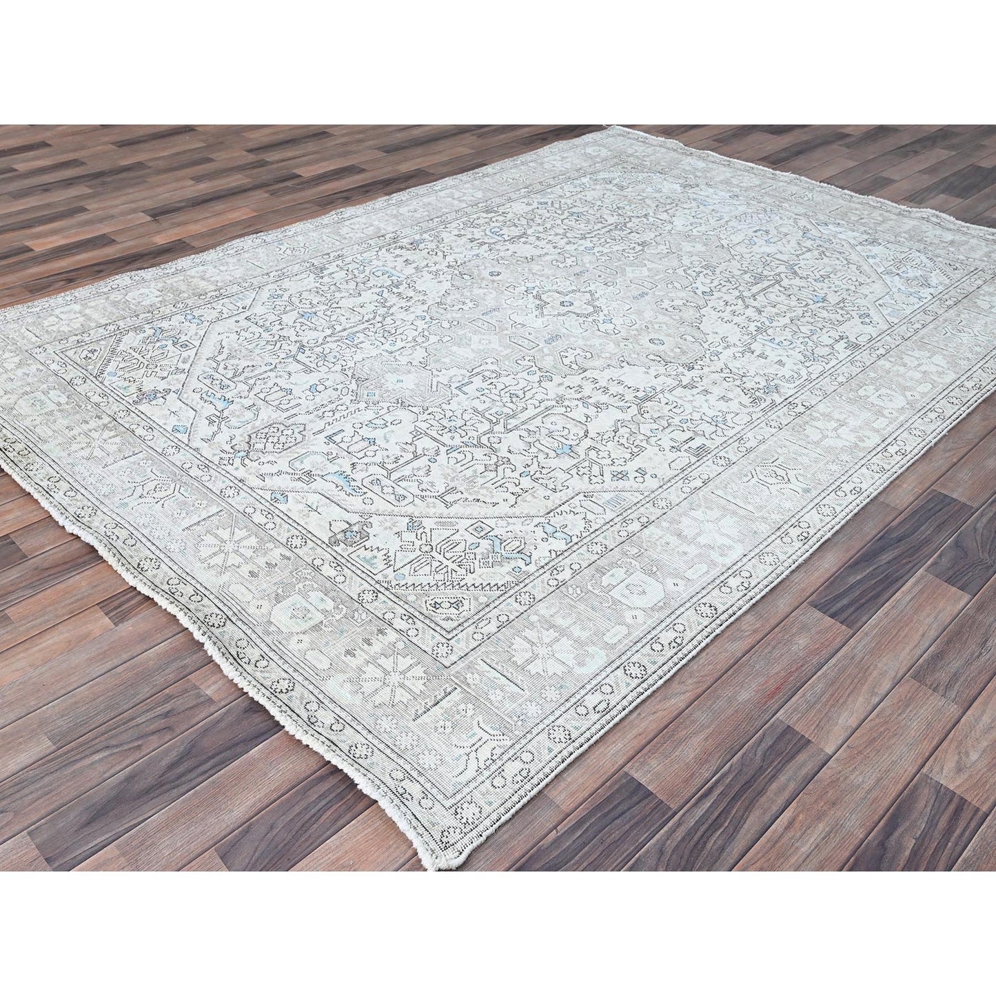 6'5"X9'1" Ivory Zoroastrian Secured Distressed Oriental Wool Rug