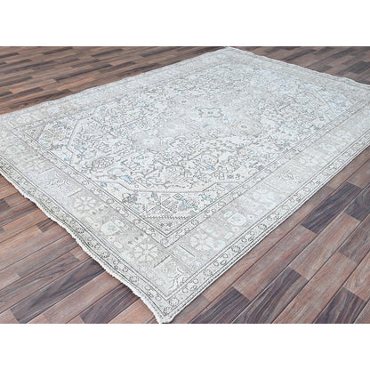 6'5"X9'1" Ivory Zoroastrian Secured Distressed Oriental Wool Rug