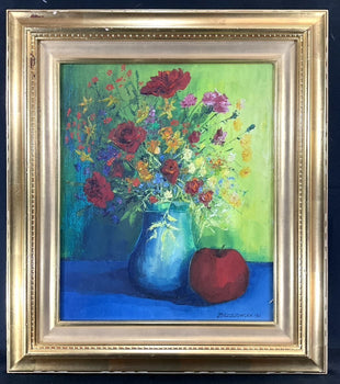 Europe BRZOSTOWSKA 1991 Original Oil Painting Still Life Flowers Vase Eastern