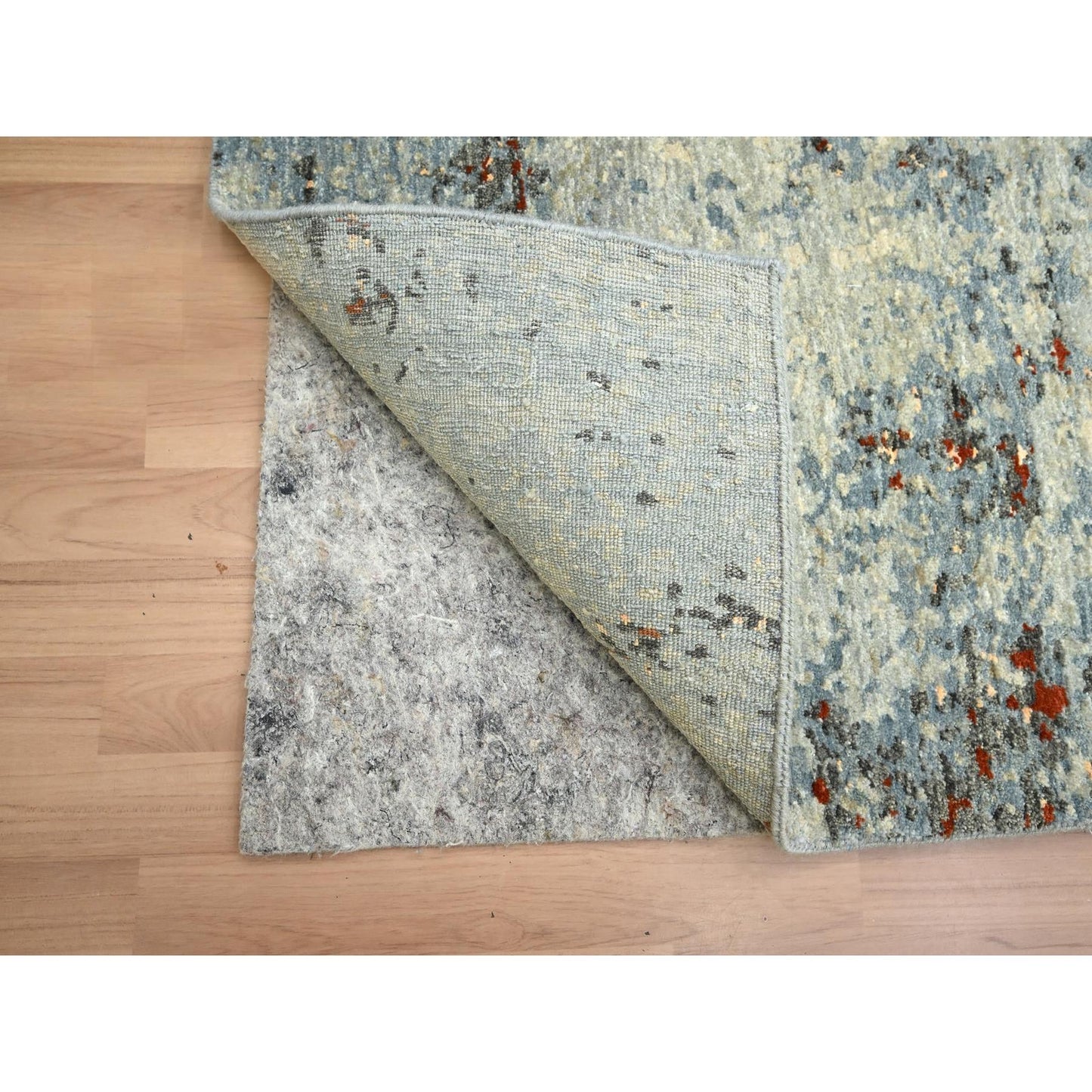 2'6"X12'2" Beige With Blue Abstract Design Wool Hand Knotted Runner Rug
