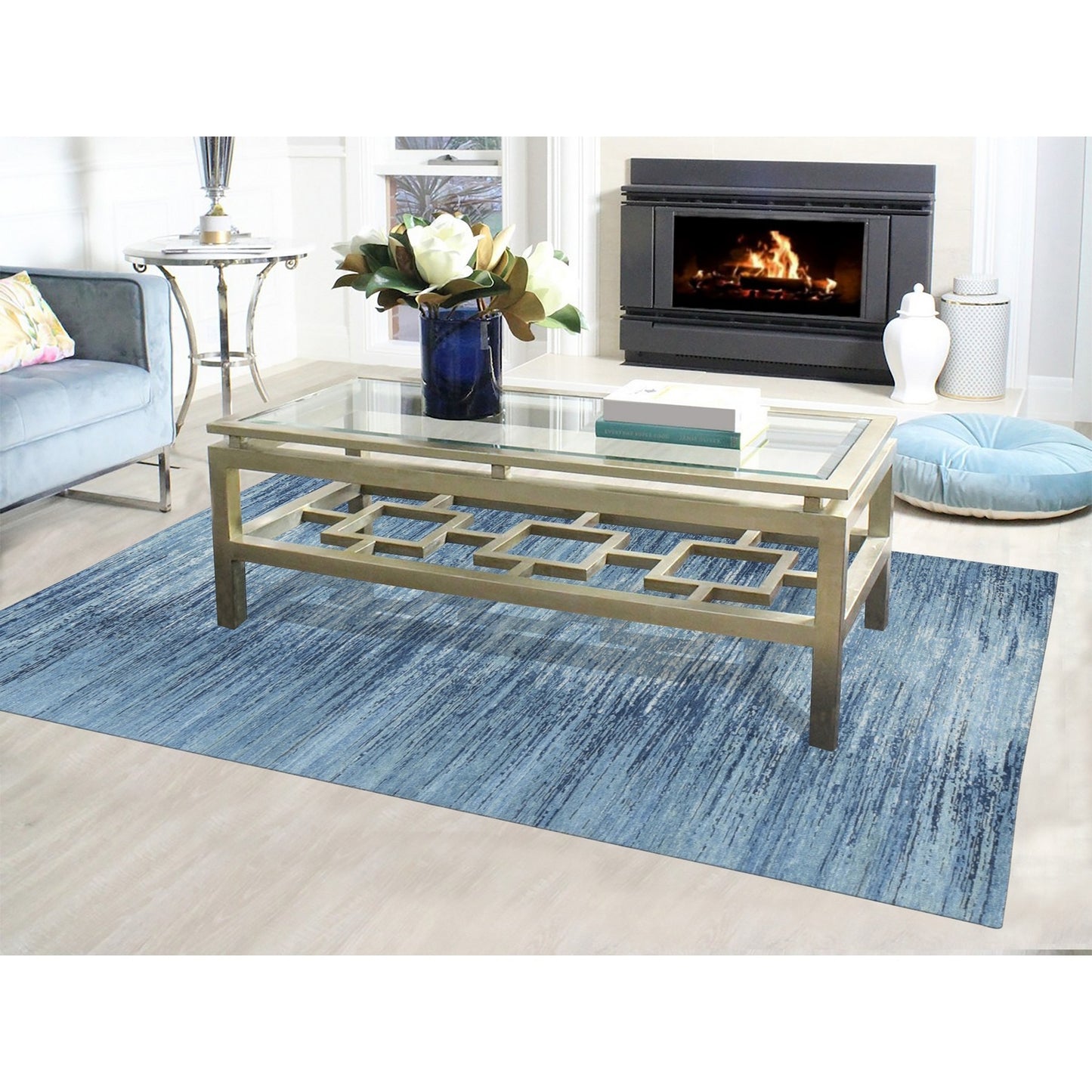 6'X8'10" Blue-Ivory Horizontal Ombre Design Pure Wool Hand Knotted Rug