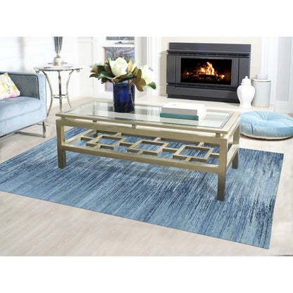 6'X8'10" Blue-Ivory Horizontal Ombre Design Pure Wool Hand Knotted Rug