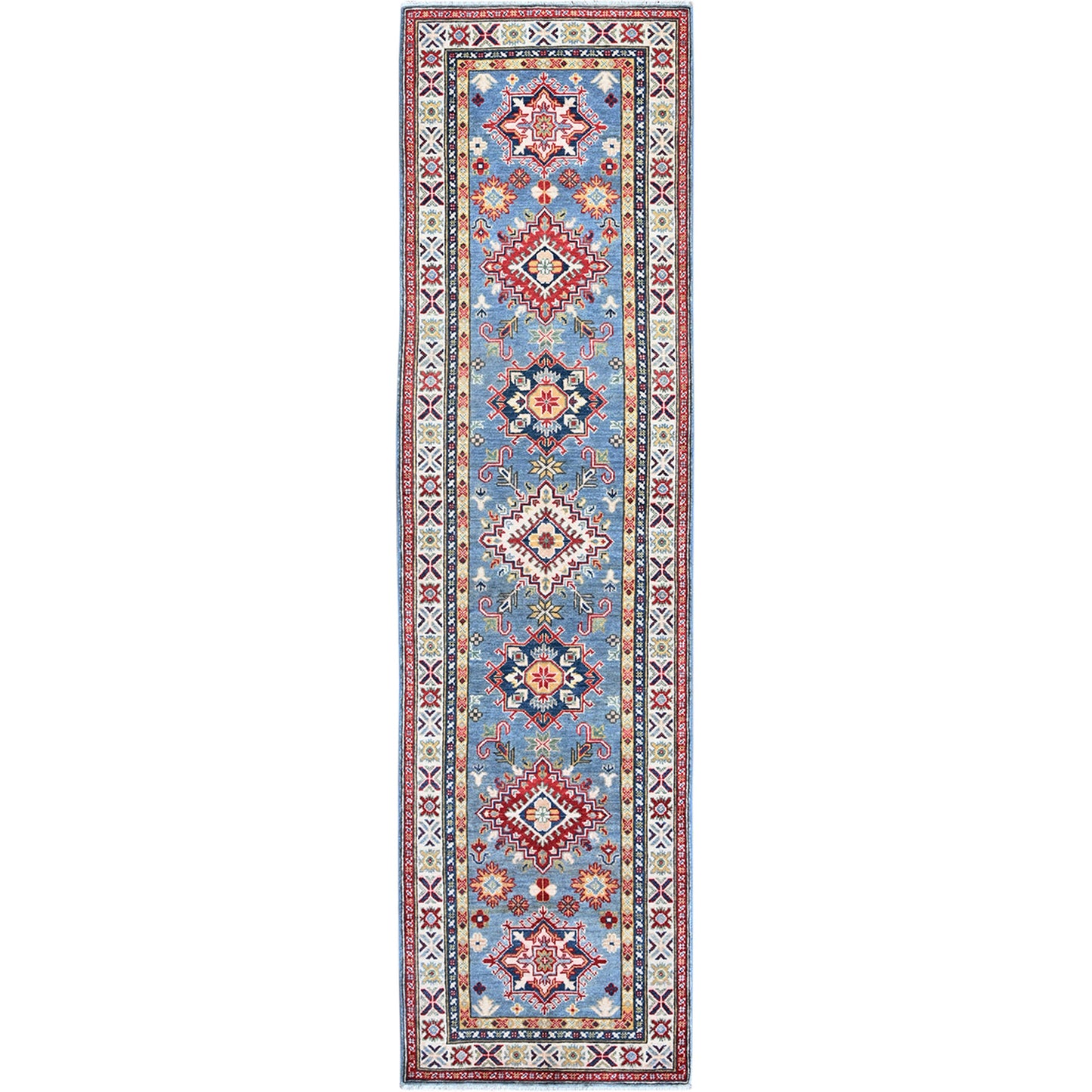 2'7"X9'9" Blue Kazak With Tribal Design Soft Wool Hand Knotted Runner Rug